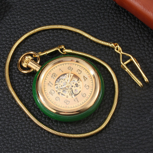 Vintage Gold Inlaid Green Jade Circle Digital Automatic Mechanical Pocket Watch