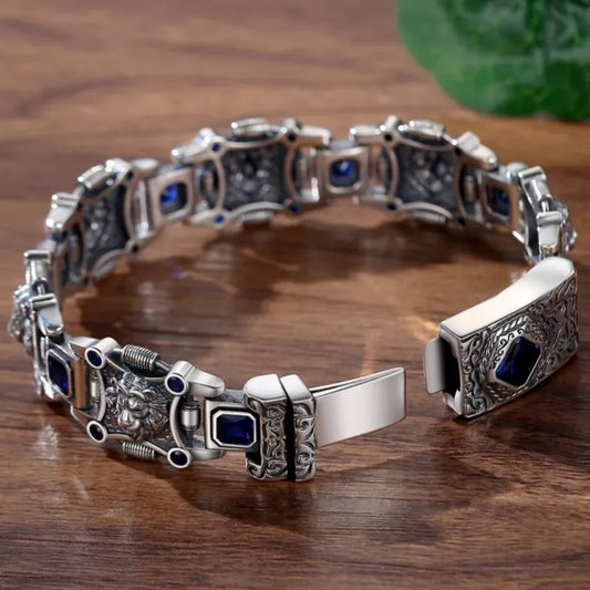 New18MM S925 Sterling Silver Domineering Personalized Style Blue Diamond Lion Bracelet Men's Gift